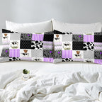 Erosebridal Cute Cow Print Comforter Set Queen Size Kawaii Highland Cow Bedding Set Bedroom Decor Honeycomb Plaid Pattern Geometric Stripes Down Comforter Farm Animals Duvet Set, Purple Black Grey