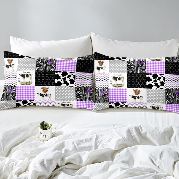 Erosebridal Cute Cow Print Comforter Set Twin Size Kawaii Highland Cow Bedding Set Bedroom Decor Honeycomb Plaid Pattern Geometric Stripes Down Comforter Farm Animals Duvet Set, Purple Black Grey