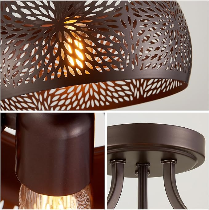 WUZUPS Chandelier Rustic Farmhouse Industrial Round Semi-flushmount Ceiling LED Light Fixture with Later-Cut Openwork Drum Shade, H 11.8" x W 13.4", Oil Rubbed Bronze