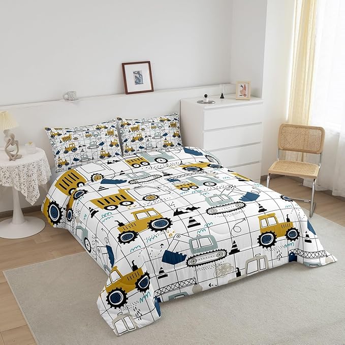 Construction Comforter Set Full Size Kids Excavator Tractor Toddler Comforter Cartoon Car Equipment Trucks Plaid Grid Comforter Set Construction Vehicles White Yellow Duvet Set