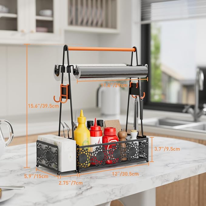EKNITEY Outdoor Grill Caddy Organizer: BBQ Caddy with 2 Paper Towel Holders | Metal, Camping Kitchen Accessories Rack, Utensil Condiment Storage, Floral Design, Easy Assembly, for Patio Camper Picnic RV
