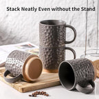 Nihow 16 Oz Ceramic Coffee Mug Set of 4 with Stackable Stand,Matte Gray | Stackable, Stainless Stand Included, Cappuccino & Tea, Hot/Cold Drinks, Dishwasher & Microwave Safe
