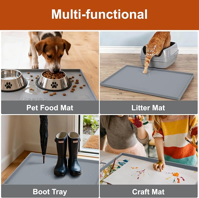 ukeetap 19" x 31" Extra Thick Silicone Mat Waterproof with Raised Edge, Under Sink Mat for Kitchen & Bathroom, Kitchen Cabinet Liner, Multi-Purpose for Storage & Protection, Gray