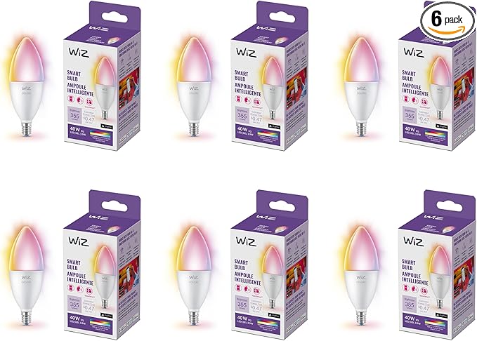WiZ 40W B12 Color LED Smart Candle-Shaped Bulb - Pack of 6 - E12- Indoor - Connects to Your Existing Wi-Fi - Control with Voice or App + Activate with Motion - Matter Compatible