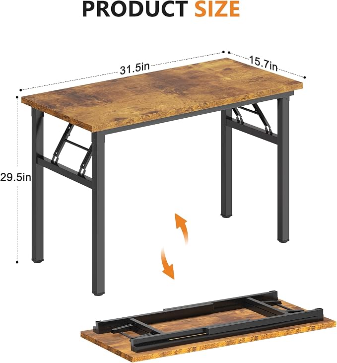 DlandHome 31.5 Inch Small Folding Computer Desk for Home Office, Retro | Foldable Writing Table for Small Spaces Bedroom, No Assembly Required, Wood Top Metal Frame, Collapsible Compact Easy Storage