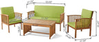 Christopher Knight Home Carolina Outdoor Acacia Wood Sofa Set with Water Resistant Cushions, 4-Pcs Set, Brown Patina / Light Green