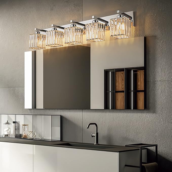 Modern Vanity Light 5-Lights Chrome Crystal Bathroom Wall Light Fixtures
