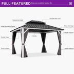 PURPLE LEAF 10' X 12' Gazebo White Aluminum Frame Galvanized Double Roof Hardtop Gazebo Curtains and Netting Included with String Lights for Garden Deck Lawns and Backyard, Grey