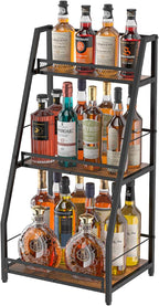 Hayexiha 3-Tier Liquor Stand for Home Bar, Stepped Freestanding Wine Rack | Compact Display: 15.55-inch-wide wood-and-iron stand has three fenced tiers and adjustable feet for corners or home bars.