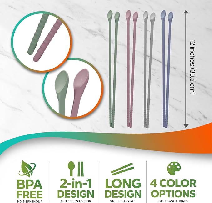 Reusable Long Silicone Cooking Chopsticks with Spoon - 12 Inches 3 Color Set, Eco-Friendly, Heat-Resistant, Non-Scratch, Korean, Japanese Asian Kitchen cookware. (Pink, Green, Grey, 3 Pair)