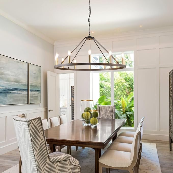 WJShome 37.5" Wagon Wheel Chandelier: The Ultimate Farmhouse Foyer Lighting Fixture - Gorgeous 12-Light Black and Gold Chandeliers to Enrich Your Dining Room!