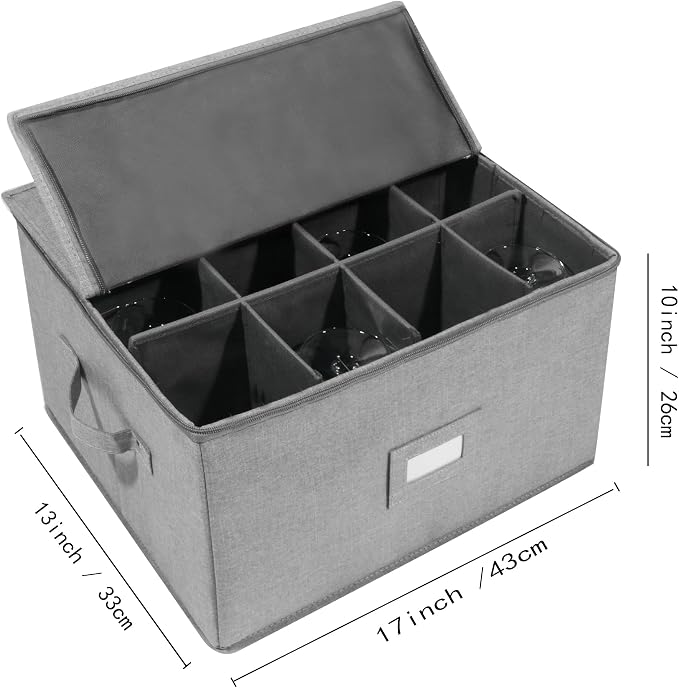 Stemware Storage Cases, Wine Glass Storage Box Containers with Dividers | Stackable China Storage Containers for 12 Wine Glasses, Drinkware, Glassware or Crystal (Light Grey)