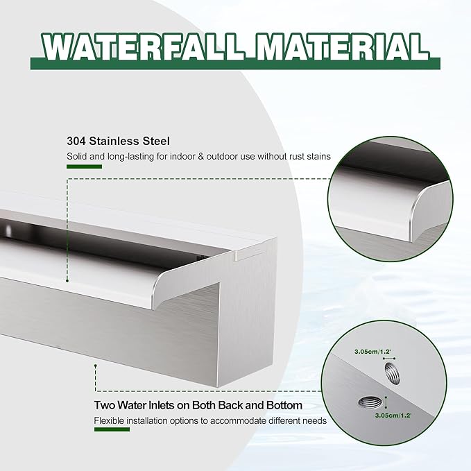 Waterfall Pool Fountain LONGRUNNEW 304 Stainless Steel 23.6" Rectangular Waterfall Spillway, Water Fall Fountain with Pipe Connector for Garden Outdoor, Swimming Pools, Fountains, Pond and Spa