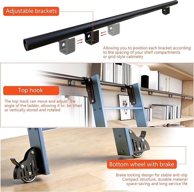 DIYHD 120" Rolling Library Ladder with Handrail, 4FT Sliding Rail, Blue | 10-Step lightweight ladder with space-saving upright storage, Telescopic top hooks, Locking bottom rollers, 300lbs capacity