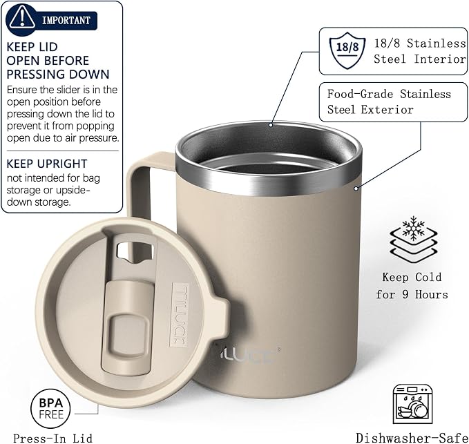 TILUCK 12 oz Insulated Coffee Mug with Lid and Handle | BPA-Free Lid, Double-Wall Vacuum Insulation, Stainless Steel Coffee Cup, Dishwasher Safe Mug for Hot & Cold Drinks, MistyGray