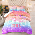 Gamer Girl Comforter Set Rainbow Gradient Gamepad Bedding Set Colorful Queen Size Microfiber Comforter with Pillowcase for Teens Kids Video Game Bedroom Decor