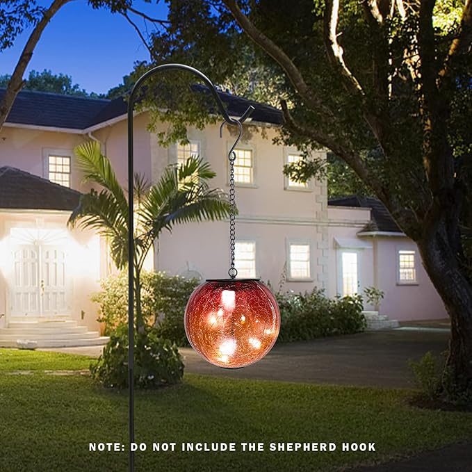 Hanging Solar Lights Outdoor Solar Lanterns Outdoor Decorative Cracked Glass Ball Lights Solar Powered Waterproof LED Globe Lantern for Outdoor Porch Patio Garden Decor Gift Orange