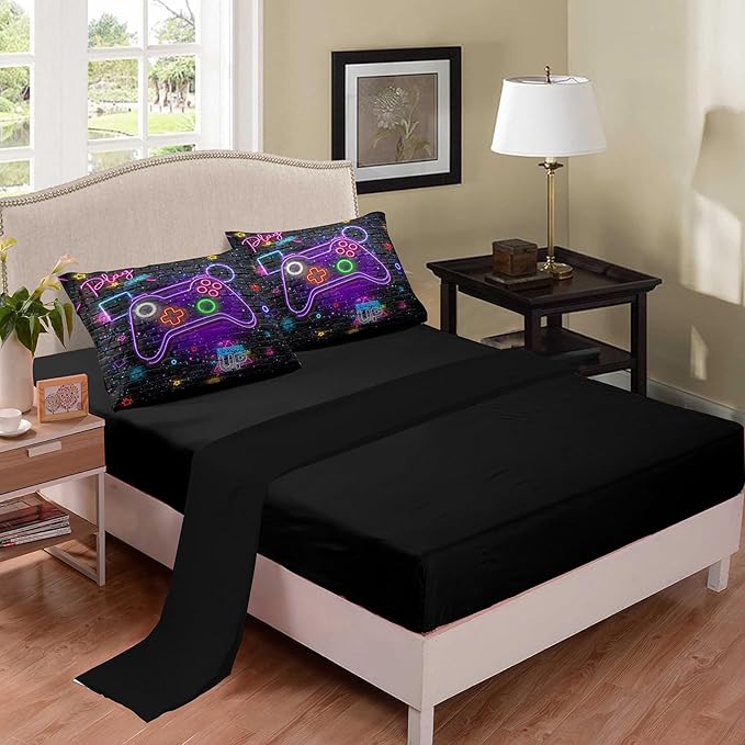 NINENINE Gaming Bedding Sets for Boys,6PCS Queen Size for Boys,Gamer Comforter Kids Teens Bedding Comforter Sheet Set(1Comforter,1Flat Sheet,1Fitted Sheet,1Cushion Cover,2Pillowcases)…