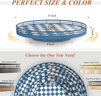 Blue and White Checkerboard Lazy Susan with Rubberwood Base and Metal Rail | Smooth rotating oak tray with walnut finish for dining tables, kitchen counters, pantries and cabinet storage.