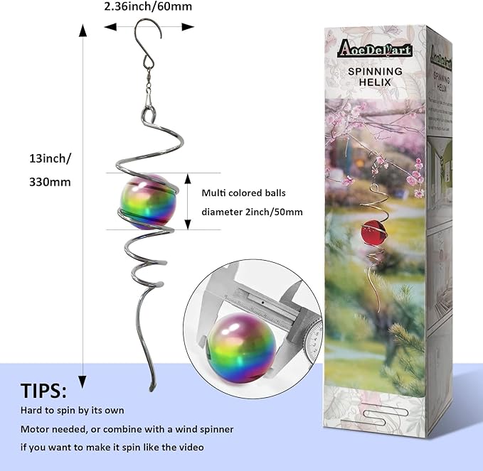 Multi Color Wind Spinner Tail Gazing Ball Spiral Decorative Wind Sculptures - 13in Height