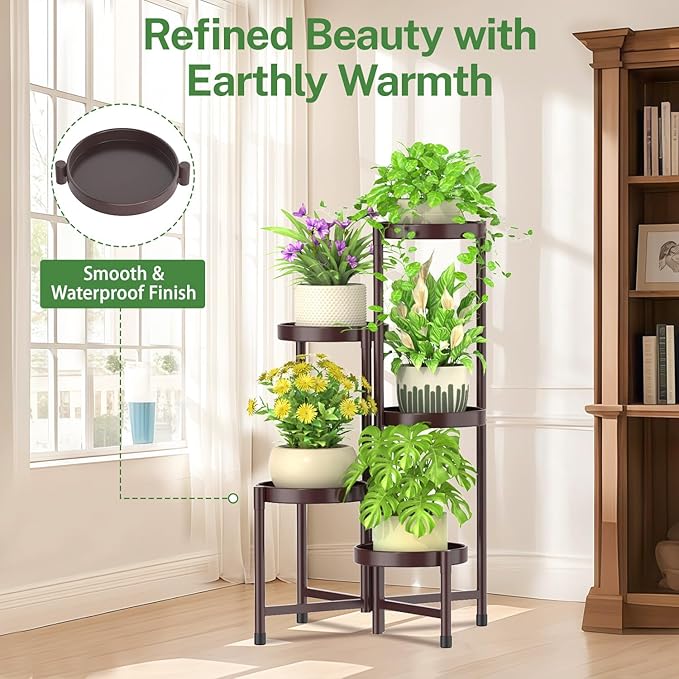 iDavosic.ly Plant Stand Indoor Outdoor, 5 Tier Corner Metal Flower Display Holder Shelf, Folding Tall Orchid Rack for Patio Balcony Porch Garden Living Room House, Violet Bronze