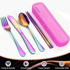 Travel Utensils with Case, Stainless Steel Portable Cutlery Set, Lunch Box Silverware for Work Camping Picnic, Reinforced Case with Snap-Lock Closure, Include Fork Spoon Knife Chopsticks, Rainbow