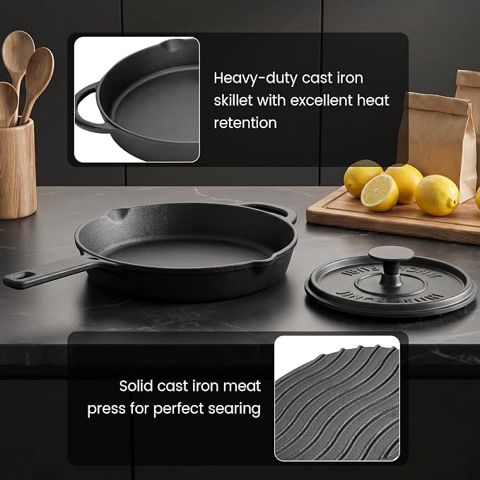 Cast Iron Skillet Set 10 Inch Pre-Seasoned Frying Pan with Burger Press | 8 Inch Grooved Smash Burger Press for Bacon, Heavy Duty Grill Pan for Gas Stove, Oven, BBQ and Campfire