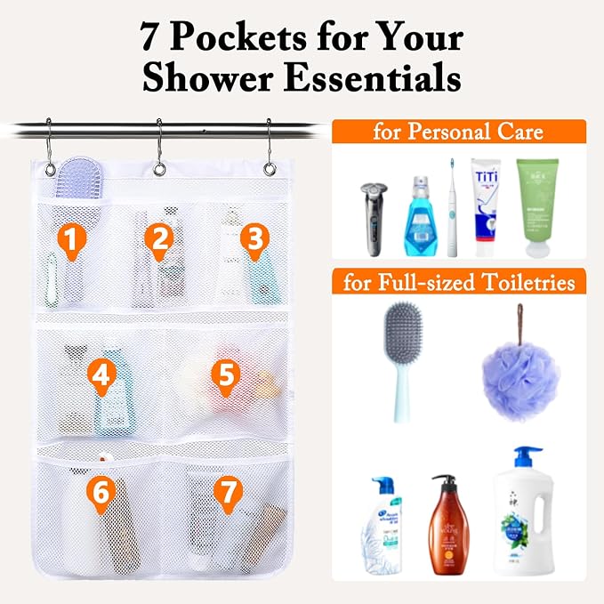 Fammart Mesh Shower Caddy Hanging, Quick-Drying Shower Organizer with 7 Pockets, Portable Bathroom Organizers and Storage for Shampoo, Soap, Loofah, Travel, and Cruise Essentials