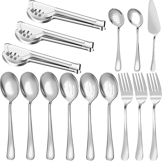 Serving Utensils, 15 Pcs Stainless Steel Large Flatware Serving Tools Kit, Included Spoons, Forks, Tongs, Slotted Spoon, Ladle, Cake Server for Kitchen Catering Banquet Wedding Buffet Party, Silver