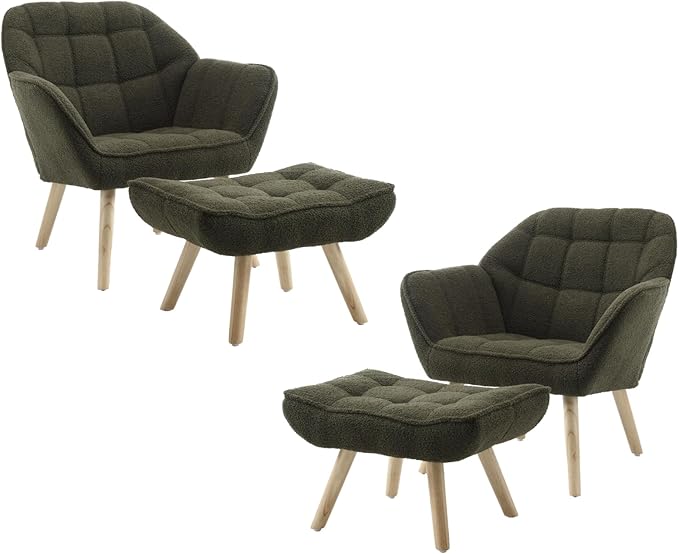 Modern Sherpa Accent Chair with Ottoman Set of 2, Fluffy Upholstered Lounge Chair with Footrest, Comfy Living Room Side Boucle Armchair for Small Space Bedroom, Green