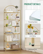 Bookcase Bookshelf, Tempered Glass Bookshelves, Slim Shelving Unit for Bedroom, Bathroom, Home Office, Steel Frame, 6 Tier Gold BC21699G