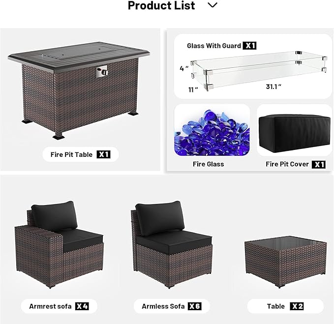 Kullavik 13 Pieces Outdoor Patio Furniture Set with 43" 55000BTU Gas Propane Fire Pit Table PE Wicker Rattan Sectional Sofa Patio Conversation Sets,Black