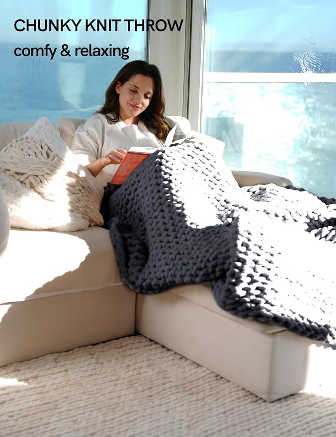 YnM Chunky Throw Blanket, Medium-Weight, Hand Knitted with Chenille Yarn, Skin Friendly, Ventilated and Breathable, Machine Washable, Home Décor Piece for Couch, Sofa and Bed (Lava Grey, 60x80 Inch)