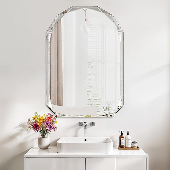 Bathroom Mirror for Wall, 20" x 30" Arched Mirror, Bathroom Vanity Mirrors, Beveled Edge Frameless Wall Mount Vanity Mirror, Wall Mirror Decorative, Irregular Beveled Edge Mirror