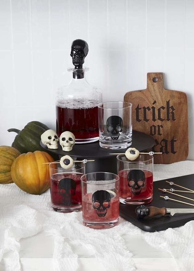 Oneida Vintro Halloween Skeleton 5-Piece Whiskey Glass Set | includes 4 double old fashioned glasses, 1 decanter | dishwasher safe | halloween party decor | 10.5 inch, 42oz