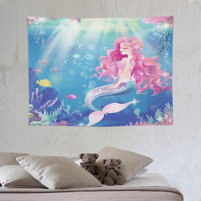 HZOHNAGO Mermaid Girls Tapestry Watercolor Mermaid Princess Pink Hair Pattern for Kids Room Decoration Printed Wall Tapestry Wall Hanging for Bedroom Living Room Dorm 40" W x 30" H
