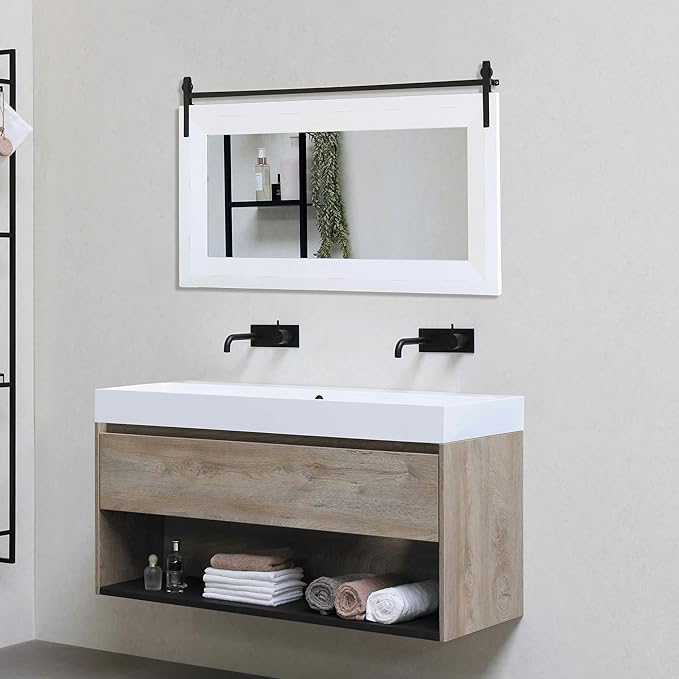 ALBAD Farmhouse Mirror for Wall Decor Wood Framed Bathroom Vanity Mirrors Vertical/Horizontal Hanging Barn Door Style Mirror for Living Room Bathroom Bedroom Entryway White