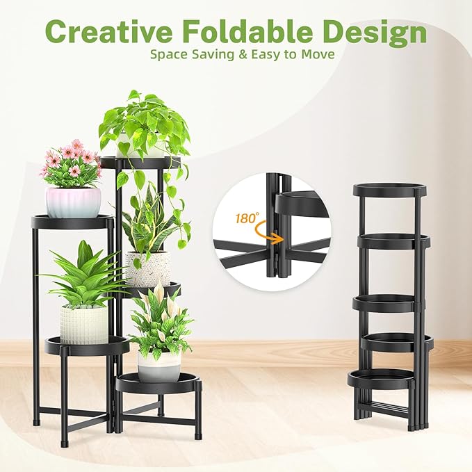 iDavosic.ly 5 Tier Folding Plant Stand Indoor Outdoor with Plastic Tray, Tiered Corner Flower Holder Shelf, Metal Orchid Display Rack for Patio Porch Living Room Garden Balcony, Modern Black