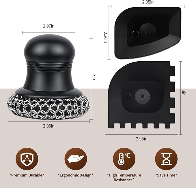 316 Upgraded Cast Iron Scrubber with Pan Scraper,Cast Iron Cleaner for Grill Pan Skillet Wok Carbon Steel,Ergonomic to Hold Easy to Use Dishwasher Safe ((Large Chain Mail))