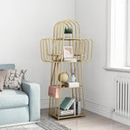 DOORXIF 4-Tier Gold Bookshelf Freestanding, Cactus Bookcase 4 Cube Storage Organizer Closet Corner Metal Display Cabinet, Corner Bookshelf for Small Spaces, Gold Bookcase for Bedroom Office
