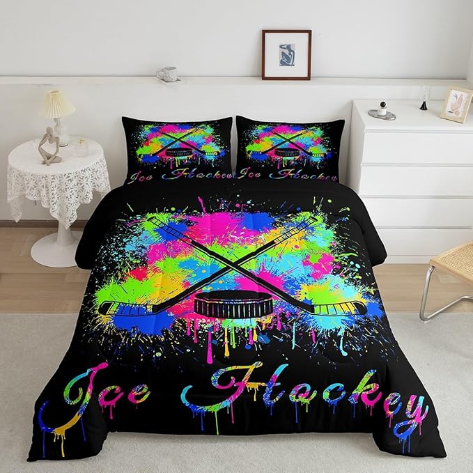 Feelyou Kids Ice Hockey Comforter Set King Size Gaming Sports Bedding Set for Boys Girls Teens Bedroom Decor Ice Sports Games Tie Dye Comforter Hockey Player Duvet Set with 2 Pillow Case