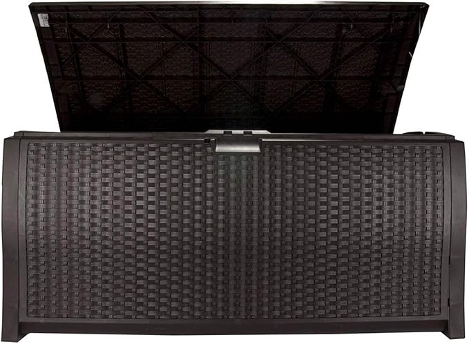 Suncast 99 Gallon Plastic Wicker Deck Box Container Storage for Garden, Garage, Home, Pool, Indoor and Outdoor Use, Mocha (2 Pack)