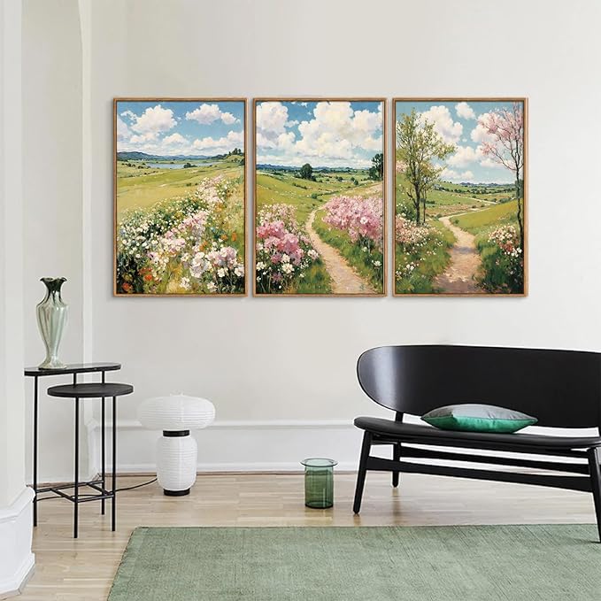 Tinonedraw Rustic Landscape Framed Canvas Wall Art Triptych, Blue and White Wall Decor, Vintage Botanical Floral Artwork, Modern Country Nature Farmhouse Art Prints for Living Room Bedroom 16"x24"x3