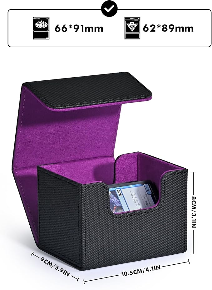 ZLCA Card Deck Box for Trading Cards, MTG Commander Deck Box Holds 120+ Single Sleeved, Leather Magnetic Card Storage Case Fits for TCG CCG Magic (Black& Purple)