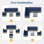 SUNVIVI OUTDOOR 7 Piece Patio Furniture Sets All Weather Gery PE Wicker Couch Sofa with Glass Table, Removable Navy Cushions