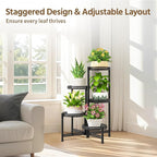 LASZOLA 5 Tiered Folding Tall Plant Stand for Indoor Outdoor Corner, Larger Heavy Duty Metal Adjustable Multiple Rack with 10 Inch Wide Hollow Tray, Flower Planter Holder for Modern House Patio, Black