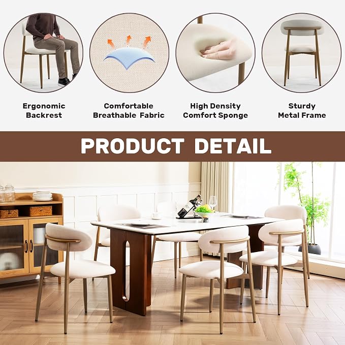 UVV Dining Chairs Set of 6, Metal Kitchen Chairs with Modern Fabric Upholstered for Dining Room, Beige