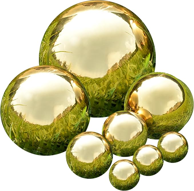 Nerien Gazing Ball, Stainless Steel Garden Mirror Globe, Polished Ornament Sphere, Hollow Floating Reflective Hemisphere, for Home Outdoor Pond Housewarming Swimming Pool Decoration, Gold, 8Pcs