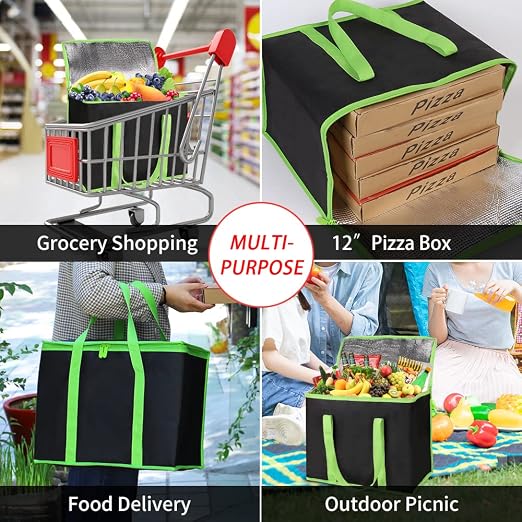 1-Pack Insulated Reusable Grocery Shopping Bag, X-Large, Black-Green | Insulated Food Delivery Bag, Commercial Catering Food Warmer, Tote Cooler Bag, Heavy Duty, Thermal/Frozen Food Storage Picnic