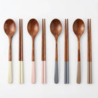 Handmade Wooden Cutlery Set by Diulazin - 4PCS Reusable Spoon and Chopsticks, High-Grade for Daily Use, Parties, Banquets, Buffets, Catering - Eco-Friendly, 9 Inch, Style A